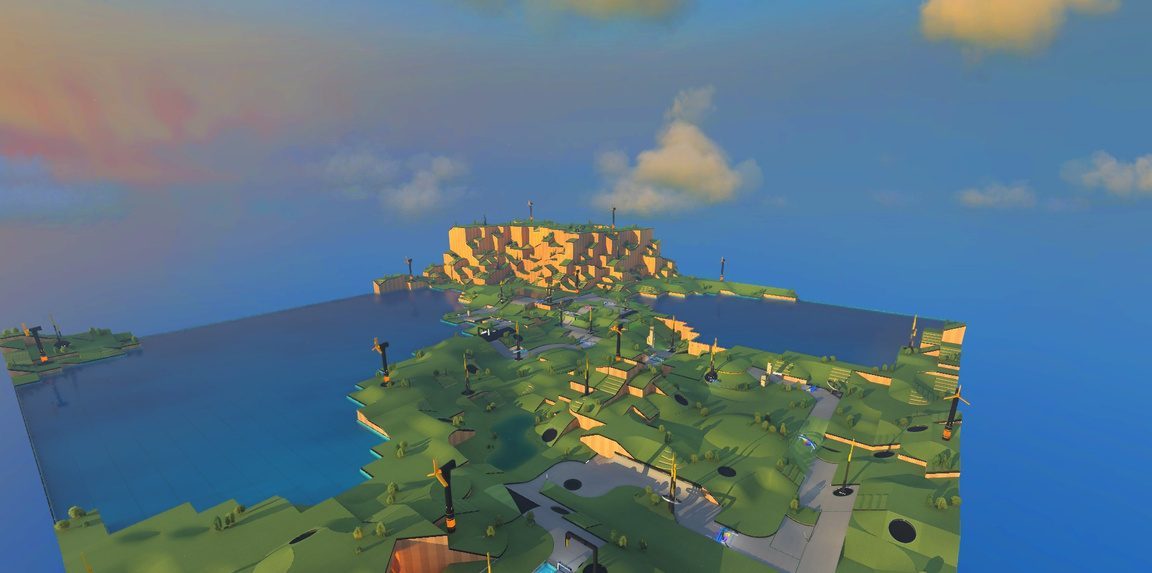 Environnement 3D : île avec constructions, vue aérienne