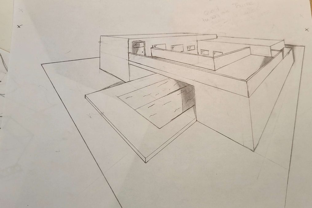 Dessin au crayon : maison vue en plongée
