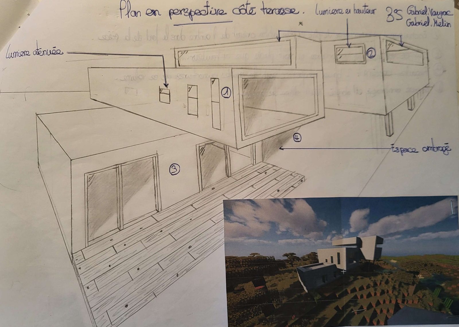 Perspective au crayon côté terrasse, annotée sur la lumière et les zones ombragées, avec rendu 3D en vignette