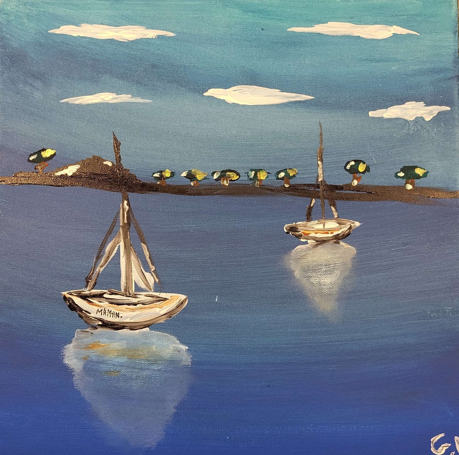 Peinture acrylique : deux voiliers au mouillage et leurs reflets sur une eau calme