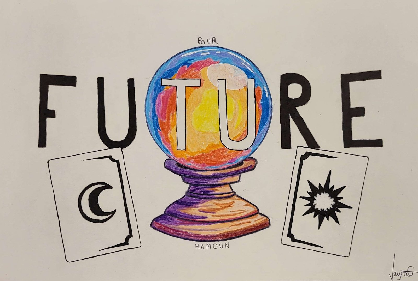 Composition typographique : le mot FUTURE avec une boule de cristal colorée à la place de deux lettres